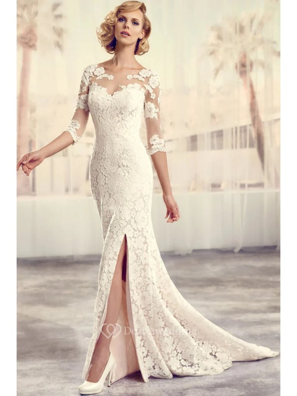 Elegant Wedding Dresses V-Neck Lace Applique Illusion Bridal Gowns Siren Trumpet
